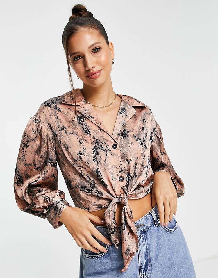 River Island tie front satin blouse in pink - part of a set